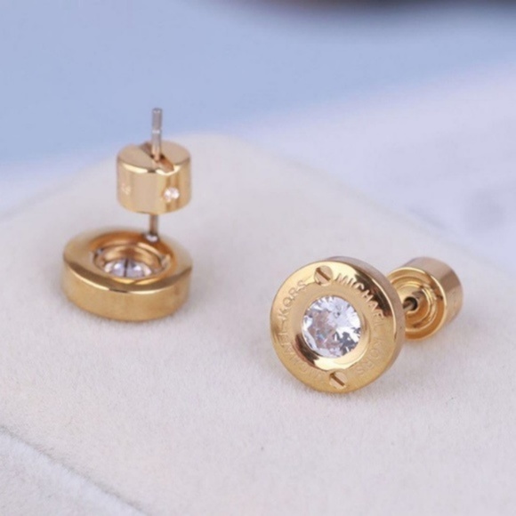 New Michael Kors Gold Crystal Pave Stud Earrings - Picture 3 of 14
